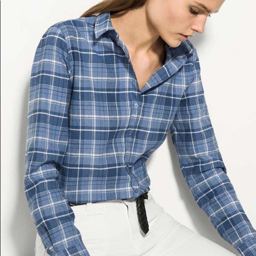 MASSIMO DUTTI Cotton Linen Plaid Blue Shirt